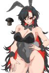  1girl absurdres animal_ears aryi077 black_hair black_leotard black_wrist_cuffs bow bowtie breasts cleavage colored_inner_hair detached_collar fake_animal_ears grey_bow grey_bowtie hairband hand_on_own_hip highres large_breasts leotard long_hair looking_at_viewer low_neckline multicolored_hair mushroom original playboy_bunny rabbit_ears red_eyes red_hair simple_background solo strapless strapless_leotard wrist_cuffs 