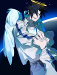  2boys absurdres angel angel_wings black_eyes black_hair bruise bruise_on_face commentary earth_(planet) english_commentary false_memory feathered_wings guan_chao_(false_memory) guan_chao_(teenager)_(false_memory) halo he_mingshuo highres holding_hands injury jacket long_hair looking_at_another looking_at_viewer male_focus midriff_peek multiple_boys out_of_frame pants planet school_uniform sherrylovesau shirt smile space spiked_hair white_shirt wings 