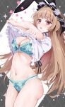  1girl animal_ears argyle_background blonde_hair breasts cleavage clothes_lift commentary_request commission copyright_request cowboy_shot fingernails floral_print floral_print_bra floral_print_panties flower headdress highres long_fingernails long_hair looking_at_viewer navel open_mouth panties print_panties rabbit_ears red_eyes shirt_lift short_sleeves simple_background skeb_commission solo star_(symbol) stomach teeth thighs underwear upper_teeth_only white_flower yuuri_(orz_commushows) 