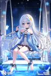  1girl absurdres ankle_cuffs barefoot blue_dress blue_eyes blue_flower blue_rose blush bug butterfly chain choker commentary_request daoyan detached_sleeves dress feet flower frilled_dress frilled_thigh_strap frills hair_ornament highres long_hair long_sleeves looking_at_viewer night off_shoulder original outdoors rose sitting smile snowflakes solo star_(symbol) star_hair_ornament swing thigh_strap thighs very_long_hair white_hair 