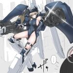  ...! 2girls absurdres black_gloves blonde_hair blue_archive blue_eyes blue_halo blue_leotard blunt_bangs breasts commentary_request covered_navel elbow_gloves exoskeleton fingerless_gloves gloves groin halo headgear highres leotard looking_at_viewer maid_headdress mechanical_legs medium_breasts multiple_girls nanashi_(pixiv_98920795) rio_(blue_archive) thighs toki_(abi-eshuh)_(blue_archive) toki_(blue_archive) 