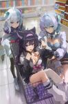  3girls absurdres ahoge animal_ears animal_skeleton aquwa atlas_(aquwa) black_bow black_bowtie black_eyes blue_dress blue_hair bone_tail bow bowtie breasts broner_(nekrolina) cat cat_ears cat_girl chain chain_leash choker cleavage collared_shirt colored_tongue dress frilled_thigh_strap ghost green_eyes hair_between_eyes hair_intakes hair_ornament hairband heterochromia highres in_shopping_cart indie_virtual_youtuber indoors iridescent_hair leash leg_warmers long_hair looking_at_viewer mbkona medium_breasts medium_hair mole mole_under_eye multicolored_hair multiple_girls nekrolina open_mouth pointy_ears purple_bow purple_eyes purple_hair purple_hairband purple_tail purple_tongue ribbon see-through_tail shirt shop shopping_cart shrug_(clothing) single_fishnet_legwear skeleton skeleton_cat skirt small_breasts sphere_hair_ornament split-color_hair tail tail_bow tail_ornament thigh_strap tile_floor tiles two-tone_hair two_side_up virtual_youtuber white_bow white_leg_warmers white_shirt white_shrug yupil_(yuy) yuy_(vtuber) 