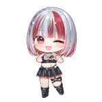  1girl :d ;d bare_shoulders black_boots black_panties black_pantyhose black_skirt blush boots chibi chitetan commentary_request copyright_request dotted_line fishnet_pantyhose fishnets grey_hair heart heart_hands highleg highleg_panties looking_at_viewer multicolored_hair one_eye_closed panties pantyhose pleated_skirt red_eyes red_hair simple_background single_leg_pantyhose skirt smile solo streaked_hair underwear virtual_youtuber watermark white_background 