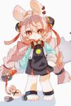  1girl animal_ear_fluff animal_ears animal_feet ankle_strap black_dress braid braided_twintails bright_pupils closed_mouth commentary_request dress full_body furry furry_female hair_ornament highres holding holding_weapon looking_at_viewer pink_fur rabbit_ears rabbit_girl red_eyes screw simple_background solo sphere_hair_ornament szm_oekaki weapon white_pupils zenless_zone_zero zhao_(zenless_zone_zero) 