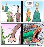 angry beard belt big_nose black_beard black_eyes black_facial_hair black_hair black_nose blonde_hair bottomwear brown_body brown_clothing brown_ears brown_footwear brown_fur brown_shirt brown_shoes brown_topwear closed_smile clothed clothing comic crown crush dialogue dress elf_(merrivius) elf_comic english_text eyelashes eyes_closed facial_hair female footwear fur green_clothing green_dress green_hood grey_bottomwear grey_clothing grey_pants group hair headgear hi_res high_priestess_(merrivius) holding_animal hood human human_(merrivius) humanoid_pointy_ears humor huntress_(merrivius) laugh light_body light_skin long_ears long_hair male mammal merrivius mouth_closed orange_hair pants pink_hair pink_tongue pointy_ears pointy_nose ponytail rodent rope rope_belt sciurid screaming shirt shoes short_hair simple_eyes smile speech_bubble tan_body tan_skin text tiara tongue topwear tree_squirrel vein wide_eyed wood_elf