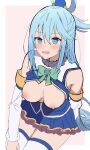  1girl aqua_(konosuba) aqua_eyes aqua_hair bare_shoulders blue_gem blue_shirt blue_skirt blush border bow bowtie breasts collar commentary detached_sleeves frilled_collar frills gem green_bow green_bowtie hair_ornament hair_rings half-closed_eye hand_on_own_knee highres kono_subarashii_sekai_ni_shukufuku_wo! long_hair medium_breasts nipples open_mouth pink_background puteme shirt skirt solo sphere_hair_ornament thighhighs very_long_hair white_border white_thighhighs 