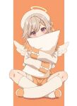  1girl angel_wings beret blonde_hair blush commentary_request full_body hair_intakes halo hat highres hugging_object indian_style komori_met komori_met_(7th_costume) leg_warmers looking_at_viewer orange_background orange_shoes orange_shorts pillow pillow_hug pink_eyes shoes short_shorts shorts sidelocks simple_background sitting solo tomotomo_(awai) traditional_halo virtual_youtuber vspo! white_hat white_leg_warmers white_wings wings 