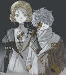 1boy 1girl blonde_hair blue_eyes braid coat commentary_request crown_braid double_bun eyepatch grey_background grey_coat grey_eyes hair_bun hands_in_pockets harari highres juliet_sleeves korean_commentary long_sleeves looking_at_viewer one_eye_covered pale_skin president_(reverse:1999) puffy_sleeves reverse:1999 scarf secretary_general_(reverse:1999) short_hair upper_body white_coat white_hair white_scarf 