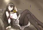  1girl akemi_homura akemi_homura_(magical_girl) argyle_clothes argyle_pantyhose black_pantyhose breasts brown_nails bubble_skirt closed_eyes commentary_request crossed_legs feathers kooriyama_azuki magical_girl mahou_shoujo_madoka_magica mahou_shoujo_madoka_magica:_walpurgis_no_kaiten nail_polish no_shoes panties panties_under_pantyhose pantyhose pantyshot sitting skirt small_breasts smile solo soul_gem_(madoka_magica) underwear white_panties 