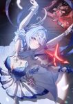  1girl arm_strap armband arms_up artist_name asymmetrical_gloves ballerina bare_shoulders bloom blue_dress blue_gem blue_gloves blue_hair blue_shoes blush breasts bug butterfly commentary_request crimson_lotus_moth_(genshin_impact) crying crying_with_eyes_open dancing dress feather_hair_ornament feathers feet_out_of_frame fingerless_gloves fur_collar fur_trim gem genshin_impact gloves hair_between_eyes hair_bun hair_ornament hairband headpiece heart-shaped_gem high_heels highres looking_at_viewer looking_up maaashuro medium_breasts multicolored_hair odette_(genshin_impact) pantyhose picture_frame pink_gem purple_eyes red_butterfly shadow shoes short_hair sidelocks signora_(genshin_impact) smile solo stage_lights standing standing_on_one_leg strapless strapless_dress streaked_hair tears teeth two-tone_dress watermark wavy_hair white_armband white_dress white_feathers white_gloves white_hair white_hairband white_pantyhose 