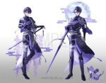  1boy animalization black_capelet black_kimono boots capelet commentary company_name copyright_notice flower full_body gloves green_eyes hand_on_own_neck high_heel_boots high_heels holding holding_sword holding_weapon japanese_clothes katana kenmochi_touya kimono knee_boots kushiro_kuki lace-up_boots long_sleeves looking_at_viewer male_focus moon multiple_views nijisanji official_alternate_costume official_art pants partially_fingerless_gloves person_and_animalization purple_flower purple_hair purple_kimono purple_pants sample_watermark short_hair smile sword virtual_youtuber watermark weapon wisteria 