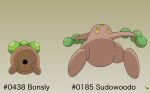 ambiguous_gender artist_logo bonsly brown_body butt duo english_description english_text generation_2_pokemon generation_4_pokemon hi_res logo markings nintendo pichu90 pokemon pokemon_(species) simple_background spots spotted_markings sudowoodo text