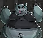 absurd_res anthro belly black_clothing black_shirt black_topwear bottomless bottomless_anthro bottomless_female breasts clothed clothing domestic_cat empty_eyes eyebrows felid feline felis female front_view fur grey_body grey_fur guillotina_(mewgenics) hi_res mammal mewgenics monorama mouth_closed navel outie_navel overweight overweight_anthro overweight_female pink_tongue shirt shirt_only solo teeth tongue tongue_out topwear topwear_only
