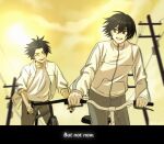  2boys aged_down arm_around_shoulder bicycle black_eyes black_hair closed_eyes cloud commentary couple english_commentary false_memory from_above grey_pants guan_chao_(false_memory) guan_chao_(teenager)_(false_memory) hair_between_eyes hair_down happy he_mingshuo high_collar highres jacket kairusha looking_at_another male_focus medium_hair multiple_boys on_bicycle open_clothes open_jacket open_mouth outdoors pants power_lines riding riding_bicycle school_uniform shirt sky sleeves_rolled_up smile smlie spiked_hair teeth track_jacket utility_pole white_background white_jacket white_shirt zipper zipper_pull_tab 