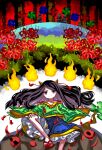  1girl black_hair blue_shorts cairn_(structure) closed_mouth collarbone commentary_request cone_horns dot_nose flip-flops floating_hair flower green_shirt hand_on_own_knee highres hitodama horn_ornament horn_ribbon horns knee_up looking_at_viewer nippaku_zanmu pinwheel red_eyes ribbon ribbon-trimmed_sleeves ribbon_trim sandals shirt shorts sitting skull small_horns solo spider_lily tassel touhou unfinished_dream_of_all_living_ghost windmill yellow_horns yuka_yukiusa 