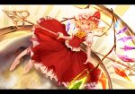  anata_(lighttuner) blonde_hair commentary_request crystal_wings flandre_scarlet frills glowing glowing_wings hat holding holding_weapon mob_cap red_eyes red_ribbon red_skirt red_vest ribbon side_ponytail skirt socks solo touhou vampire vest weapon wings 