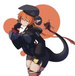 1girl absurdres black_hat black_horns blush breasts carbon_(carbonic) commentary curled_horns dragon_girl dragon_horns gloves green_eyes hair_between_eyes hat highres horns large_breasts long_hair magus_(zenless_zone_zero) mechanical_horns mechanical_tail open_mouth orange_hair orange_pupils orphie_magnusson pointy_ears tail thighhighs twintails zenless_zone_zero 