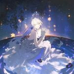  1girl :d absurdres alternate_costume anniversary bare_shoulders chinese_commentary commentary dress flower gloves glowing hair_between_eyes high_ponytail highres honkai_(series) honkai_impact_3rd kiana_kaslana kiana_kaslana_(herrscher_of_finality) leaf long_hair own_hands_together ponytail purple_ribbon ribbon smile solo star_(sky) strapless symbol-shaped_pupils tiara very_long_hair white_dress white_gloves white_hair yaosan 