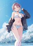  1girl asakura_toru bare_shoulders bikini black_choker black_jacket blue_eyes blue_sky breasts choker cleavage colored_tips commentary_request day earrings halterneck hand_up hatsu_(first_snow) highres horizon idolmaster idolmaster_shiny_colors jacket jacket_over_swimsuit jewelry long_sleeves medium_breasts multicolored_hair navel off_shoulder one_eye_closed open_clothes open_jacket outdoors parted_lips purple_hair short_hair side-tie_bikini_bottom sky solo standing string_bikini swimsuit thighs water wet white_bikini 