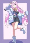  123haruno_oto 1girl absurdres adjusting_eyewear armpit_crease black_shirt border character_print closed_mouth coffee_mug commentary_request cup eyewear_on_head full_body glasses grey_jacket hand_up highres holding holding_cup jacket leg_up long_hair long_shirt long_sleeves looking_at_viewer megurine_luka mug off-shoulder_shirt off_shoulder one_eye_closed open_clothes open_jacket outside_border pink_hair print_shirt purple_border purple_eyes shirt simple_background single_bare_shoulder single_off_shoulder slippers smile solo standing standing_on_one_leg straight_hair t-shirt very_long_hair vocaloid white_background white_slippers 