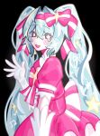  :3 black_background blue_hair blush bow bow_hairband bowtie dress gloves hairband hatsune_miku highres ima_sugu_rinne_(vocaloid) long_hair magical_girl pink_bow pink_bowtie pink_dress pink_eyes pink_hairband simple_background solo sparkle_hair_ornament star-shaped_pupils star_(symbol) striped_bow striped_bowtie striped_clothes symbol-shaped_pupils tarolciel twintails two-tone_bow very_long_hair vocaloid white_gloves 