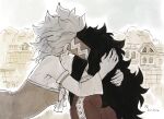  1boy 1girl commentary crying crying_with_eyes_open detached_sleeves english_commentary fairy_tail gajeel_redfox headband hug levy_mcgarden long_hair outdoors profile rusky tears twitter_username 