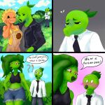 1:1 absurd_res accessory athletic athletic_female blush clothing comic crop_top dialogue electronic_arts elemental_creature female flora_fauna flower flower_creature green_body group hi_res jacket leather leather_clothing leather_jacket leather_topwear male marunishkek morkochertyonok necktie peablaze_(leafpaw) peashooter_(pvz) plant plants_vs._zombies popcap_games sad shirt size_difference sunflower_(pvz) text topwear