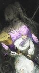  2girls closed_mouth commentary_request dress earrings elf fern_(sousou_no_frieren) frieren green_eyes highres holding holding_staff jewelry long_hair mage_staff mmi_ryu multiple_girls pointy_ears purple_eyes purple_hair sousou_no_frieren staff teardrop_earrings twintails white_dress 