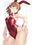  1girl :< absurdres animal_ear_hairband animal_ears bare_legs bare_shoulders blush bow bowtie breasts brown_eyes brown_hair closed_mouth comiket_102 cowboy_shot detached_collar fake_animal_ears fake_tail hair_ornament hairband hairclip hand_on_own_hip highleg highleg_leotard highres leotard looking_at_viewer medium_hair misaka_mikoto playboy_bunny rabbit_ear_hairband rabbit_ears rabbit_tail raika9 red_bow red_bowtie red_leotard scan simple_background small_breasts solo strapless strapless_leotard tail thighs toaru_kagaku_no_railgun toaru_majutsu_no_index white_background white_wrist_cuffs wrist_cuffs 