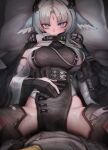  1girl 1other absurdres animal_ears arcane_(arknights) arknights arknights:_endfield belt bird_ears bird_girl black_cape black_gloves blush breasts cape commentary endministrator_(arknights) english_commentary facial_mark forehead_mark gloves grey_hair hand_on_own_stomach high-waist_belt highres large_breasts lying mildt multicolored_gloves on_back on_bed pelvic_curtain pov purple_eyes spread_legs sweatdrop two-tone_gloves white_gloves 