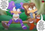 alternate_costume anthro bench black_nose blue_hair blush bottomwear breasts brown_body brown_fur brown_hair canid canine clothed clothing clothing_swap denim denim_bottomwear denim_clothing denim_jacket denim_skirt denim_topwear duo english_text eyelashes fan_character female femboy footwear fox freckled_face freckles fur green_eyes hair head_tuft hi_res jacket khaki_shorts ladycherrybomba lagomorph leporid male mammal open_clothing open_jacket open_topwear outside ponytail pouting purple_body purple_eyes purple_fur rabbit sandals sega shoes signature sitting skirt smile smiling_at_another smiling_at_partner sonic_the_hedgehog_(series) text topwear tuft under_boob