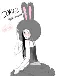  2023 3girls animal_hood black_hair blood_time chinese_zodiac colored_skin commentary da-yang_baek fangs grey_eyes grey_hat ha-yang_baek hat highres hood korean_text long_hair multiple_girls murrang_f rabbit_hood single_bare_shoulder solo_focus sweat translation_request untranslatable_commentary vampire white_skin year_of_the_rabbit yeonu_ha yuri 