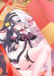  1girl absurdres angel_wings antenna_hair baizhen_(pixiv_26302788) bare_shoulders bilibili black_dress black_hair black_panties blue_eyes blush bow box braid breasts character_request christmas cleavage commentary_request detached_sleeves dress frills gift gift_box hair_ornament hairband hairclip halo heart_antenna_hair highres indoors legs_up long_hair looking_at_viewer multicolored_hair navel open_mouth panties pink_bow ribbon side-tie_panties sitting solo thigh_strap thighs two-tone_hair underwear very_long_hair virtual_youtuber white_dress white_hair wings 