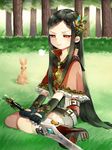  bad_id bad_pixiv_id belt black_hair bunny butterfly_hair_ornament capelet fingerless_gloves gloves grass hair_ornament highres kimijima_(kimijima0301) long_hair orange_eyes original pout sitting solo sword wariza weapon 