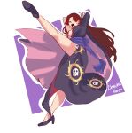  1girl artist_name boa_hancock brown_hair cape caydeus commentary earrings high_heels highres jewelry kuja_pirates_jolly_roger leg_up long_hair one_piece one_piece:_stampede purple_sash sash snake_earrings solo 