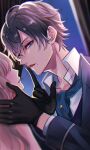  1boy 1girl absurdres arthur_conan_doyle_(ikemen_vampire) black_gloves blue_eyes commentary_request faceless faceless_female finger_to_mouth gloves hand_on_another's_neck hetero highres ikemen_vampire male_focus mole mole_under_mouth protagonist_(ikemen_vampire) shushing solo_focus y_(pixiv69889180) 