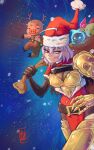  1girl absurdres ahoge black_gloves blue_eyes boutsoftheblind breasts clawed_gauntlets commentary dress english_commentary fangs gauntlets general_geega gloves gold_gauntlets grey_hair hat heterochromia highres leg_armor looking_at_viewer pointy_ears red_dress red_eyes santa_hat see-through_cleavage see-through_clothes short_hair single_gauntlet smug solo virtual_youtuber vshojo 