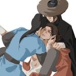  3boys absurdres after_kiss all_wishes_come_true! arm_wrap black_cape black_hair black_hanfu black_pants black_sash blue_hanfu blush boy_sandwich brown_eyes brown_hair cape chinese_clothes clone coat dual_persona facial_hair grey_pants half_updo hand_on_another's_neck hands_on_another's_cheeks hands_on_another's_face hanfu hat high_ponytail highres hug layered_sleeves long_hair long_sleeves looking_at_another lv_dongbin_(all_wishes_come_true!) male_focus multiple_boys mustache_stubble open_clothes open_coat pants parted_lips ponytail red_coat robe saliva saliva_trail sandwiched sash simple_background sitting sitting_on_person sketch spread_legs straw_hat stubble teeth white_background white_hanfu wide_sleeves xinanshuiqingyinmotong yaoi zhongli_quan_(all_wishes_come_true!) 