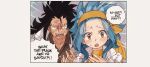  1boy 1girl anger_vein black_hair blue_hair brown_eyes commentary english_text fairy_tail gajeel_redfox hairband levy_mcgarden medium_hair motion_lines rusky sharp_teeth speech_bubble sweatdrop teeth turtleneck yellow_hairband 