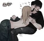  2girls 9210405 absurdres assertive_female averting_eyes bent_over black_hair black_hoodie black_pants blonde_hair breasts closed_mouth denim girl_on_top grin hand_on_another's_arm heart highres holding_another's_hair hood hood_down hoodie jeans long_hair medium_breasts medium_hair multiple_girls musical_note original pants quarter_note red_lips simple_background sitting sketch smile straight_hair topless_female torn_clothes torn_pants yuri 