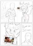 adriano_romea_corsini ambiguous_species anon anthro biped bite biting_lip biting_own_lip bottomwear clothing comic cute_fangs dialogue duo ear_piercing ear_ring electronics english_text fangs featureless_face female female_anthro fluffy fluffy_tail happy head_tuft heavy_(team_fortress_2) hi_res holding_object holding_phone human kitchen long_skirt loose_shirt male male_human mammal mustelid phone piercing raised_tail ring_piercing ruff self_bite skirt smile tail team_fortress_2 teeth text tuft valve whisker_spots youtube youtube_thumbnail
