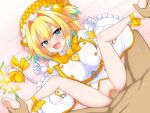  1boy 1girl bed bed_sheet blonde_hair blue_hair blush bombergirl bottomless breasts censored clothed_sex commentary_request erection fang gloves green_eyes hair_between_eyes hair_intakes hair_ornament hetero highres holding_another's_legs large_breasts large_variant_set mesugaki missionary mosaic_censoring on_bed open_mouth orange_ribbon penis pine_(bombergirl) pussy_juice ribbon sex short_hair smile symbol-shaped_pupils tail tail_ornament tail_ribbon variant_set white_gloves yaomai yellow_ribbon 