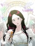  1girl 3others angel black_hair blood_time cherub commentary_request grey_eyes ha-yang_baek hands_up highres korean_commentary korean_text multiple_others murrang_f official_art pale_skin pink_lips single_off_shoulder small_sweatdrop solo_focus translated 
