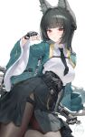 1girl animal_ear_fluff animal_ears aqua_jacket arm_support black_necktie black_pantyhose black_skirt blunt_bangs breasts commentary fingerless_gloves fox_ears fox_girl gloves high-waist_skirt highres hoshimi_miyabi jacket katana looking_at_viewer necktie pantyhose parted_lips red_eyes shirt simple_background single_fingerless_glove skirt solo subong sword weapon white_background white_shirt zenless_zone_zero 