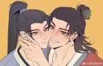  2boys all_wishes_come_true! black_hair blue_hanfu brown_eyes brown_hair cheek-to-cheek chinese_clothes chinese_commentary closed_mouth coat commentary_request facial_hair grin hair_bun hair_ornament half_updo hand_on_another's_cheek hand_on_another's_face hanfu heads_together high_ponytail jianxing leaf_hair_ornament long_hair looking_at_viewer lv_dongbin_(all_wishes_come_true!) male_focus multiple_boys mustache_stubble open_clothes open_coat orange_background ponytail portrait red_coat simple_background single_hair_bun smile stubble upper_body watermark weibo_watermark white_hanfu yaoi yellow_background zhongli_quan_(all_wishes_come_true!) 