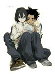  2boys absurdres aged_down babyintheroom black_eyes black_hair black_pants brown_shoes chinese_commentary chinese_text commentary_request couple dark-skinned_male dark_skin false_memory grey_jacket guan_chao_(false_memory) guan_chao_(teenager)_(false_memory) hair_between_eyes hair_down handheld_game_console he_mingshuo high_collar high_tops highres holding holding_handheld_game_console hug hug_from_behind jacket knees_up male_focus medium_hair multiple_boys pants shoelaces shoes simple_background sitting smile sneakers spiked_hair tan track_jacket translated white_background white_shoes yaoi zipper zipper_pull_tab 