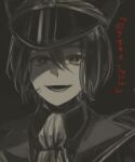  1boy black_background collared_shirt commentary_request evil_smile greyscale hair_between_eyes hat jack_jeanne looking_at_viewer male_focus mary_jane_(jack_jeanne) military_hat military_uniform monochrome open_mouth red_pupils shirt simple_background smile solo spot_color tears. translated yonaga_soshiro 