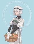  1boy apricot_(fruit) basket black_shirt blue_background closed_mouth collared_shirt commentary_request cowboy_shot crossdressing crossdressing_(mtf) gloves grey_eyes highres holding holding_basket jack_jeanne looking_at_viewer male_focus pace_(kanna) puff_of_air puffy_short_sleeves puffy_sleeves shirota_mitsuki shirt short_hair short_sleeves sleepless_king_(jack_jeanne) smile solo trap white_gloves white_hair 