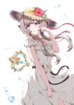  1girl absurdres alternate_costume belt_buckle blue_eyes brown_hair buckle commentary_request dress flower frilled_dress frills genshin_impact hair_ornament hair_ribbon hat hat_flower highres isenooose open_mouth ribbon sandrone_(genshin_impact) short_hair_with_long_locks solo straw_hat white_background white_dress 