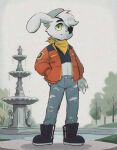 anthro boots bottomwear claws clothing denim denim_bottomwear denim_clothing doggy_131 eye_patch eyewear footwear fountain fur green_claws green_eyes hi_res jeans katyrion_darkwood lagomorph leporid male mammal orange_clothing pants plant rabbit scarf shoes solo torn_clothing tree white_body white_fur yellow_scarf